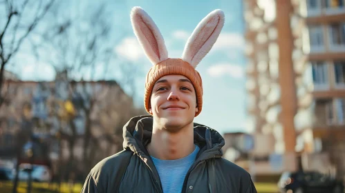 Man Smiling with Bunny Hat
