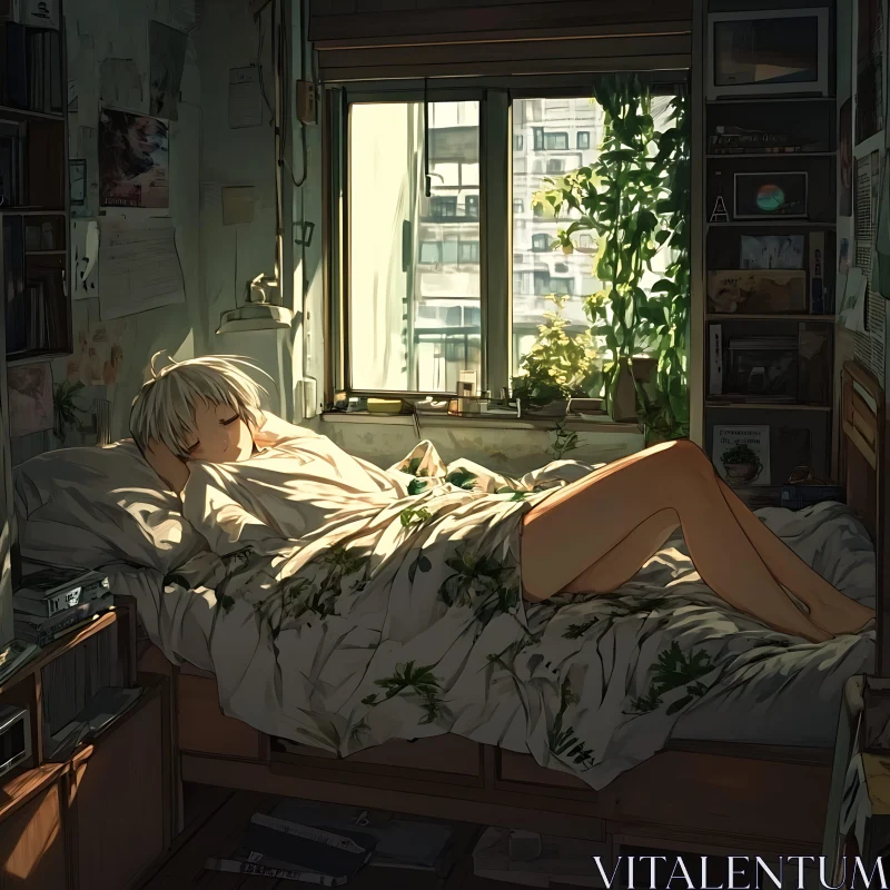 Warm Sunlit Anime Bedroom Scene AI Image