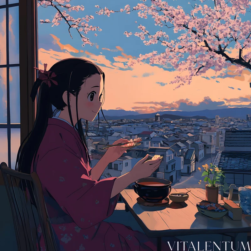 Traditional Kimono-Clad Girl Dining by the Window AI Image