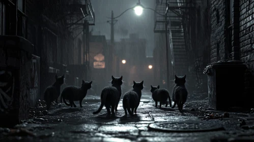 Cats Roaming a Dark Urban Alley at Night