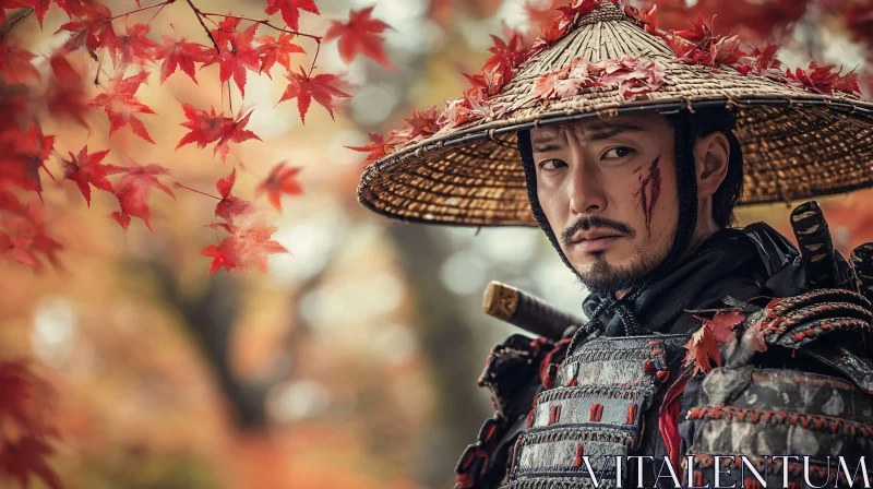 Autumn Samurai with Straw Hat and Traditional Armor AI Image