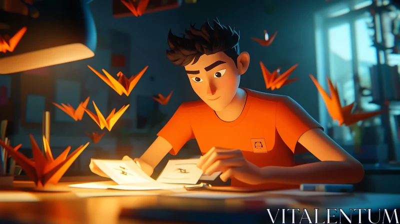 AI ART Cartoon Man with Origami Birds