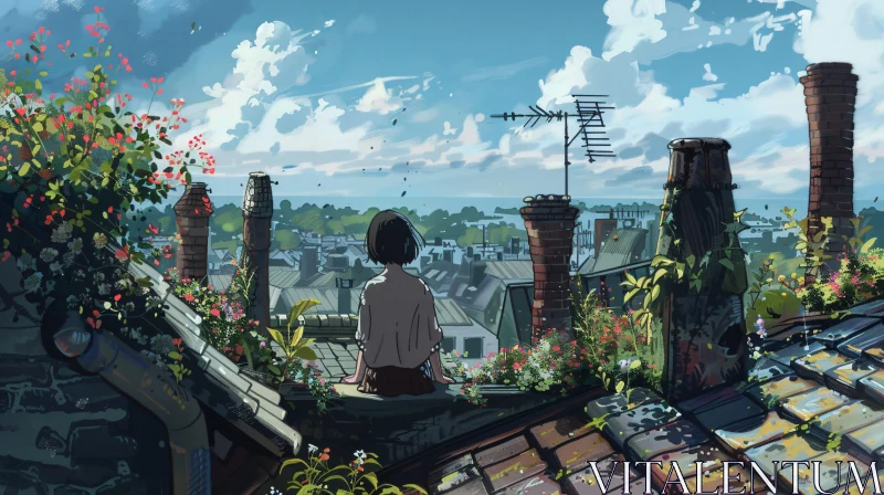 Peaceful Rooftop Anime View AI Image