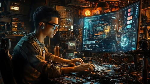 Focused Programmer in Cyberpunk Environment