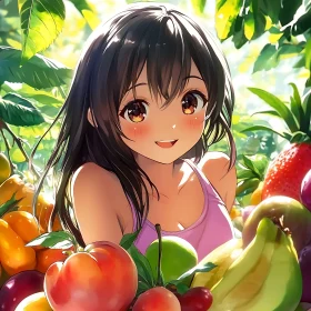 Smiling Anime Girl Amidst Fruits and Sunlight