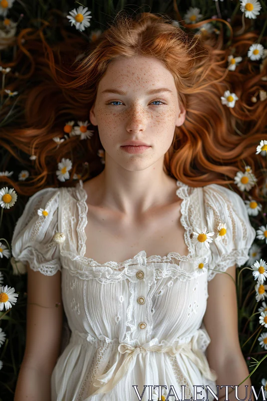 Peaceful Red-Haired Woman with Freckles Surrounded by Daisies AI Image