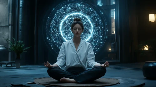 Woman Meditating with Futuristic Sphere