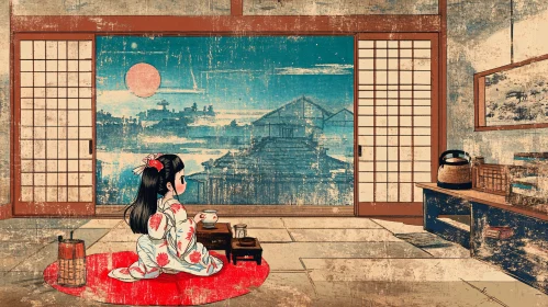 Vintage Japanese Room with Young Girl