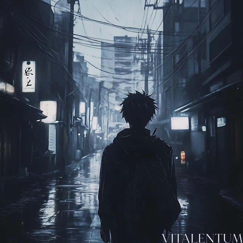 AI ART Contemplative Anime Figure in Rainy Night Street