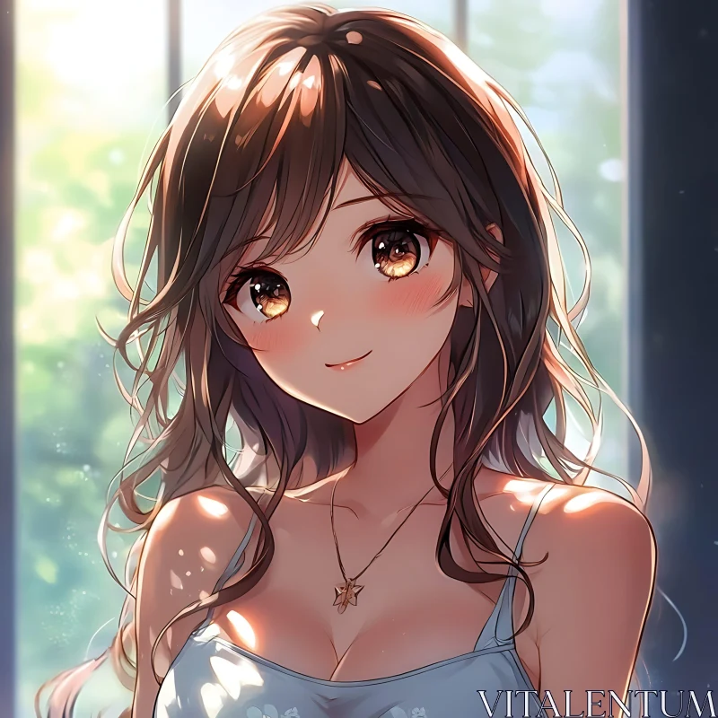 Gentle Anime Girl with Sparkling Eyes AI Image