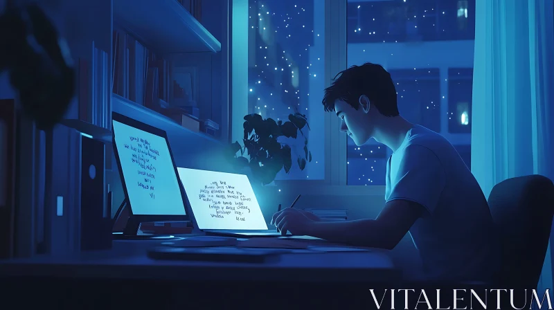 Student Working Late at Night AI Image