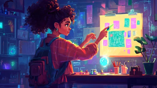 Woman in Neon Lit Creative Studio