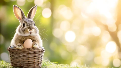 Rabbit holding egg in Wicker Basket