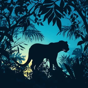 Big Cat Silhouette Among Jungle Leaves