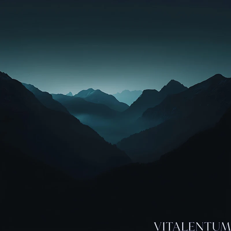 Misty Mountain Silhouettes in Blue AI Image