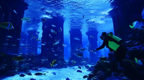 Diver Surrounded by Fish in Deep Blue Sea