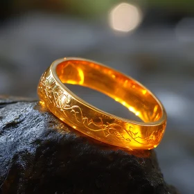 Elegant Engraved Golden Ring on Dark Rock