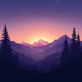 Tranquil Mountain View at Sunset with Starry Sky