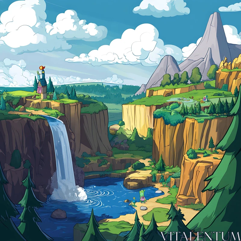 Scenic Animated Nature Landscape with Cliffside Castle AI Image