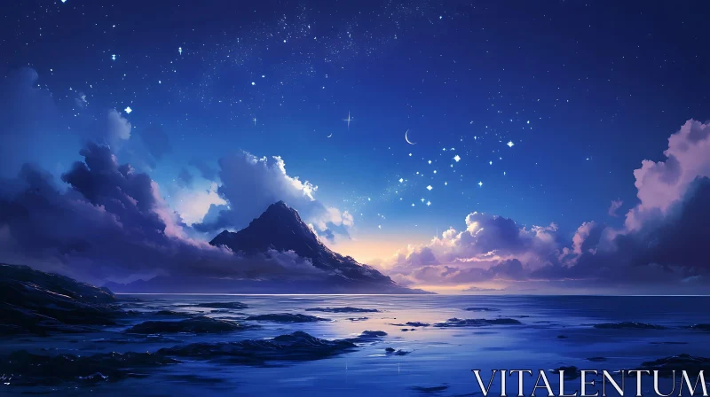 Tranquil Night Sea with Mountain View AI Image