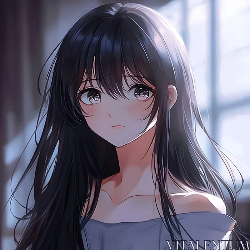 Emotional Portrait of Anime Girl with Long Hair AI Image