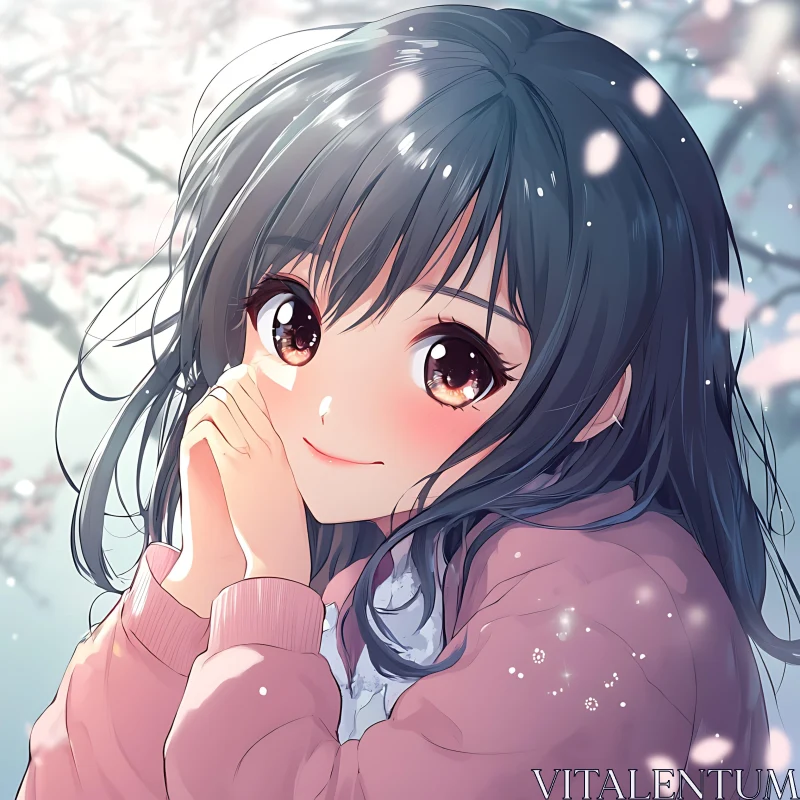 Anime Girl in Pink Jacket with Cherry Blossoms AI Image