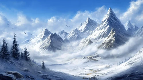 Snowy Mountain Peaks in Winter