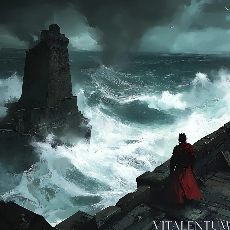 Figure in Red Cloak by the Sea AI Image