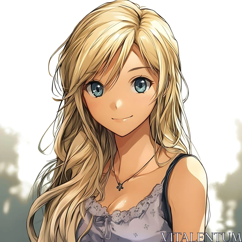 Blonde Anime Girl with Blue Eyes and Soft Smile AI Image