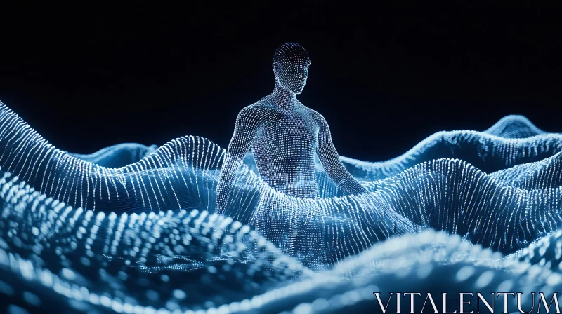 AI ART Digital Human Emerging from Blue Waves