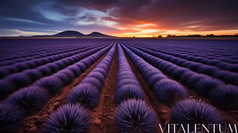 Surreal Lavender Field at Dusk with Majestic Mountains AI Image