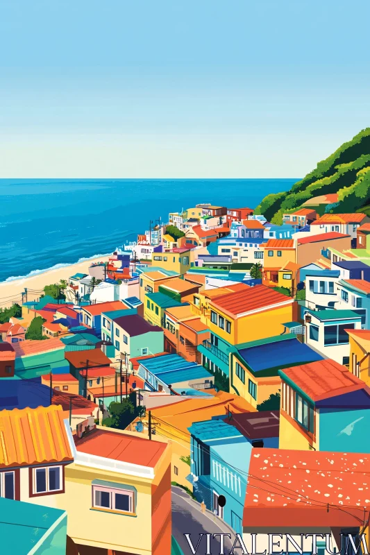 AI ART Colorful Hillside Town by the Ocean