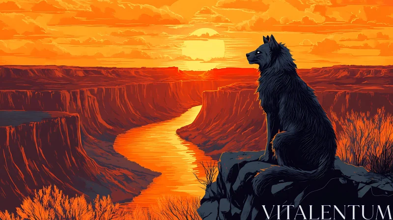 AI ART Canyon Sunset with Wolf