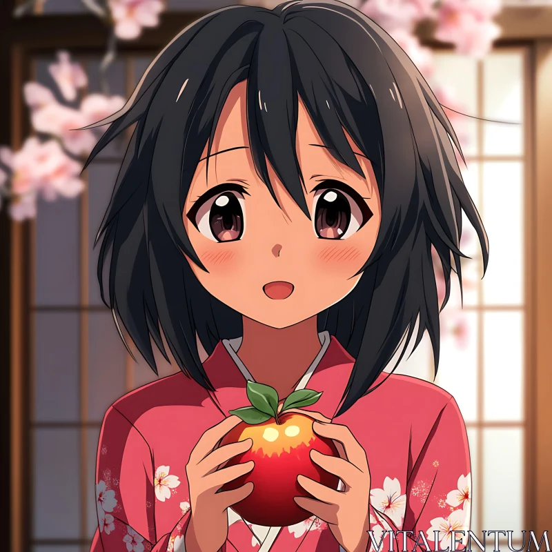 Anime Girl with Apple in Floral Kimono AI Image