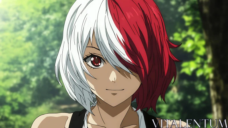 Forest Anime Character with Red and White Hair AI Image