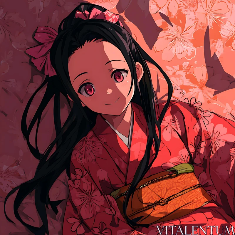 Anime Girl in Red Kimono with Floral Background AI Image