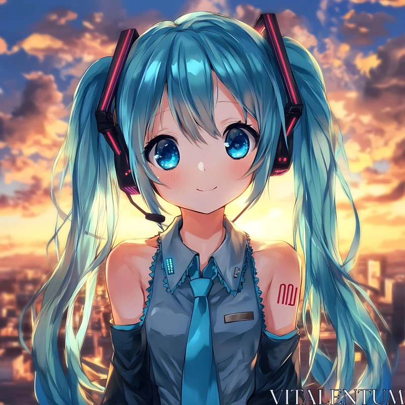 Blue-Haired Anime Character Against Sunset Cityscape AI Image