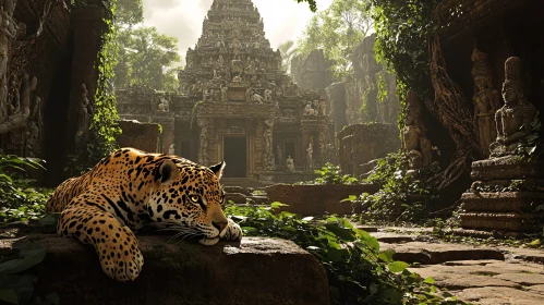 Wild Jaguar near Old Temple