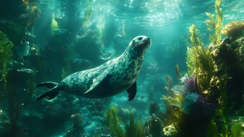 Underwater Seal in Kelp Forest