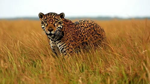 Wild Jaguar Among Tall Grasses