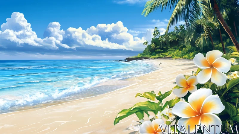 AI ART Tropical Beach Scene with White Flowers