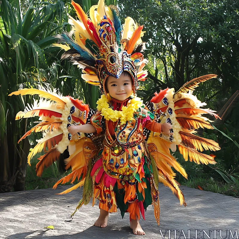 Youngster in Ornate Plume Attire AI Image