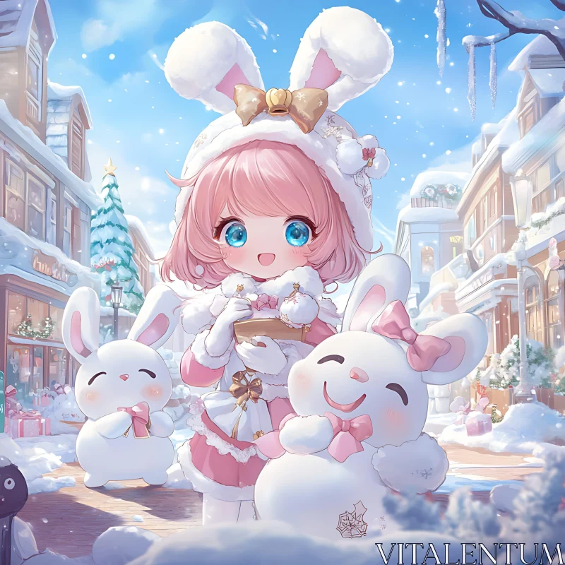 Charming Anime Girl and Snow Rabbits AI Image