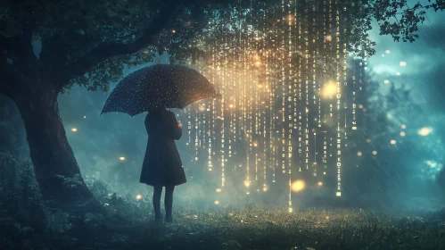 Person in the rain with digital elements