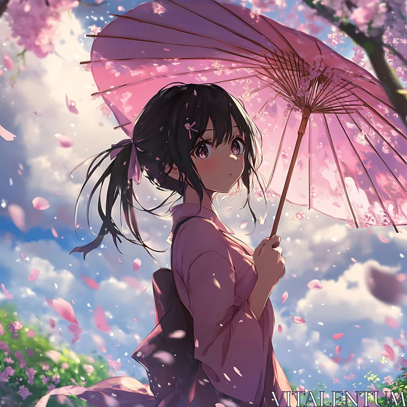 Cherry Blossom Anime Girl with Pink Umbrella AI Image