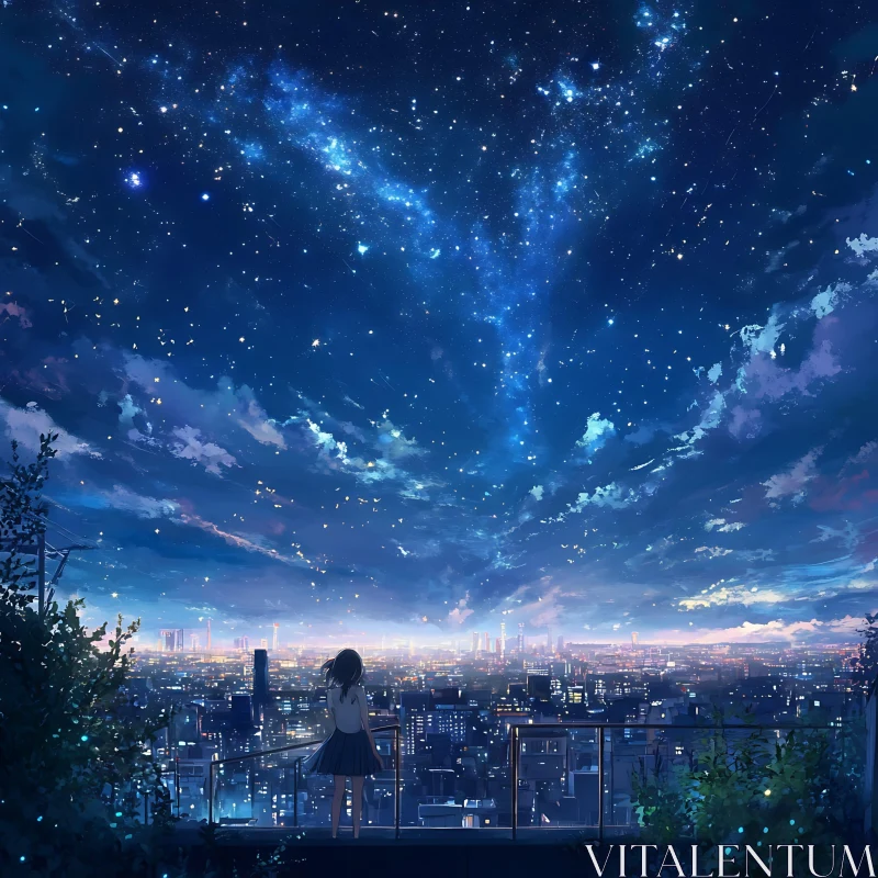 Girl Overlooking Starry Night in Anime AI Image