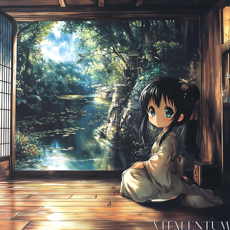 Anime Girl in Traditional House Overlooking Serene Nature AI Image