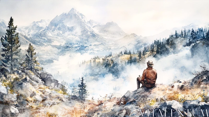 AI ART Misty Mountain View with Lone Figure