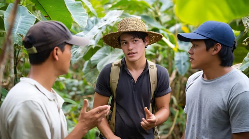 Men Conversing in Green Forest