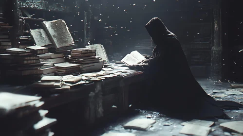 Cloaked Figure Reading Old Books